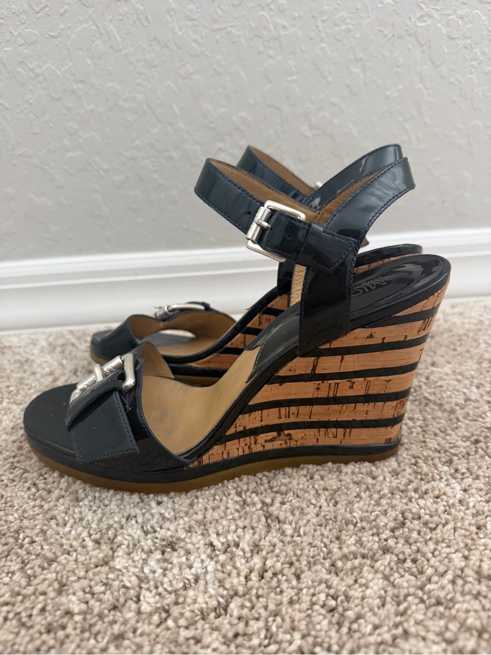 Michael Kors Navy Patent Leather Strappy Wedge Sandals